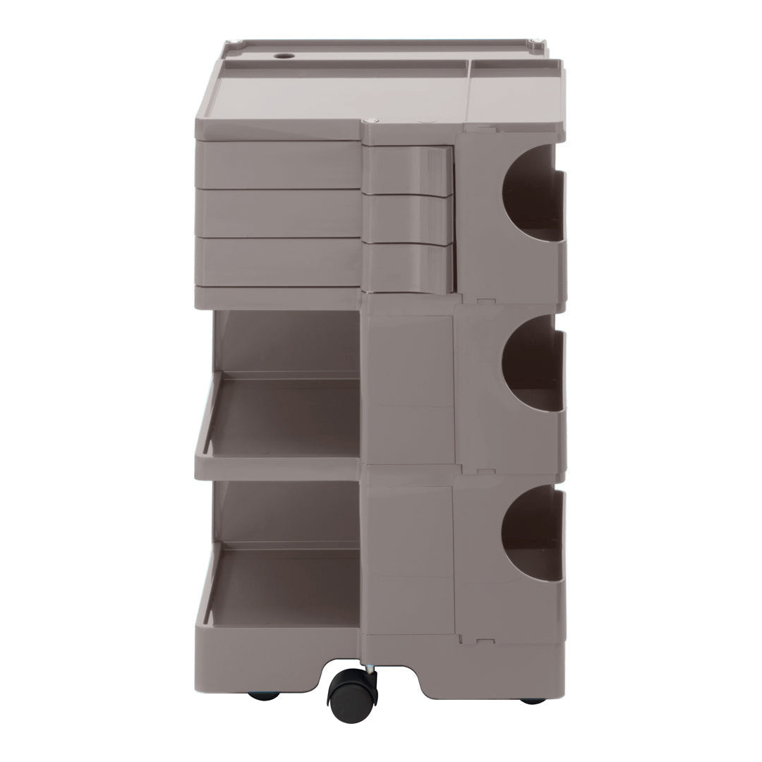 Gray multifunctional storage cart with six drawers and rounded cutout handles, featuring a sleek modern design.