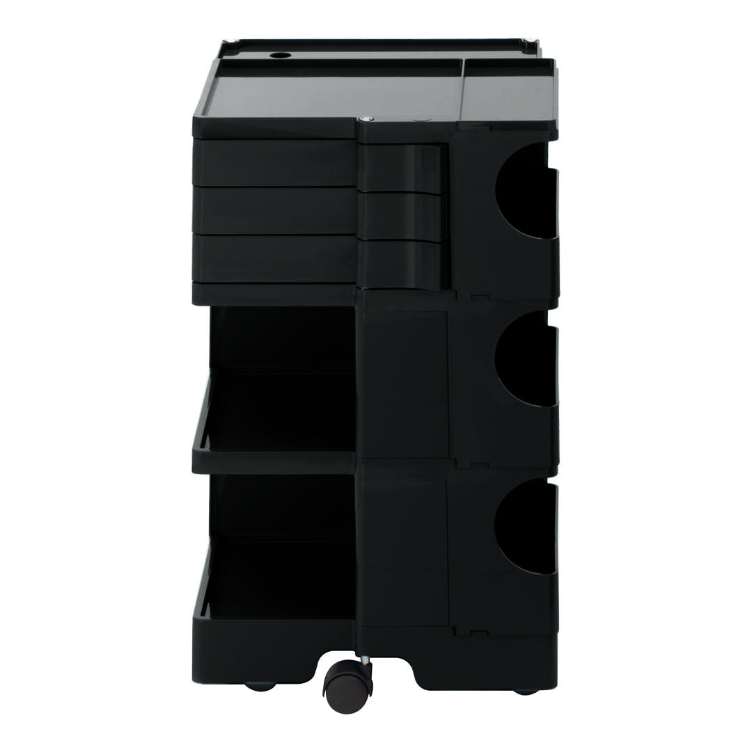 Black storage cart with a sleek, matte finish and smooth surfaces, featuring multiple spacious drawers.