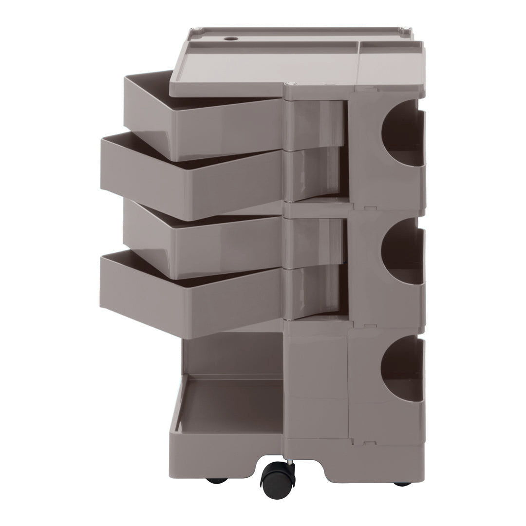 Gray rolling storage cart with four spacious drawers and a smooth top surface, featuring a minimalist design.