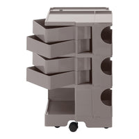 Gray rolling storage cart with four spacious drawers and a smooth top surface, featuring a minimalist design.