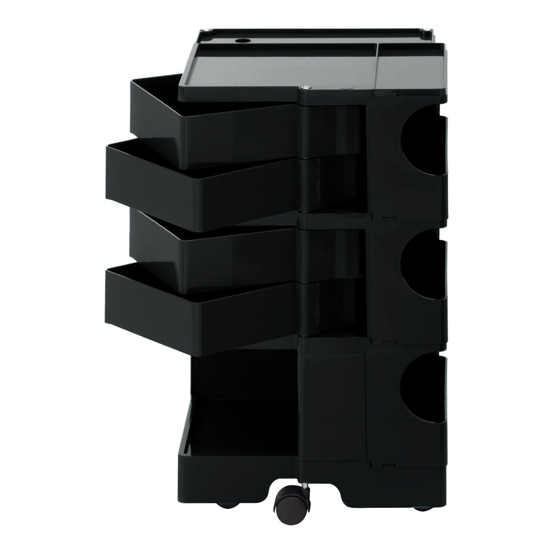 Black storage cart with four open drawers and a smooth top surface. Sleek, modern design ideal for organization.