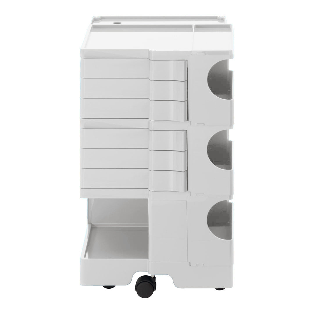 White multi-drawer storage cart with smooth surfaces and subtle lines, perfect for organizing spaces efficiently.