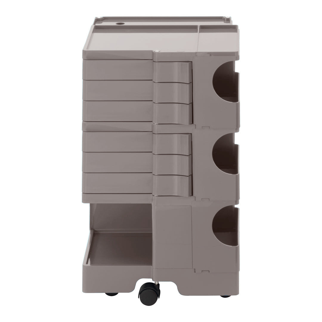 Stackable storage cart in soft taupe with a sleek, minimalist design and smooth, rolling casters.