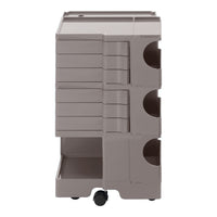 Stackable storage cart in soft taupe with a sleek, minimalist design and smooth, rolling casters.