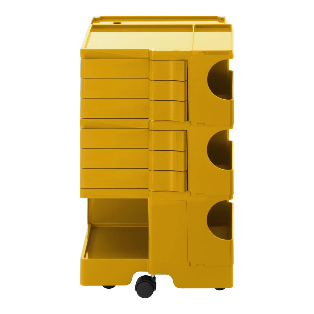 Bright yellow stacking storage unit with a sleek, modern design and multiple drawers. Perfect for organization.