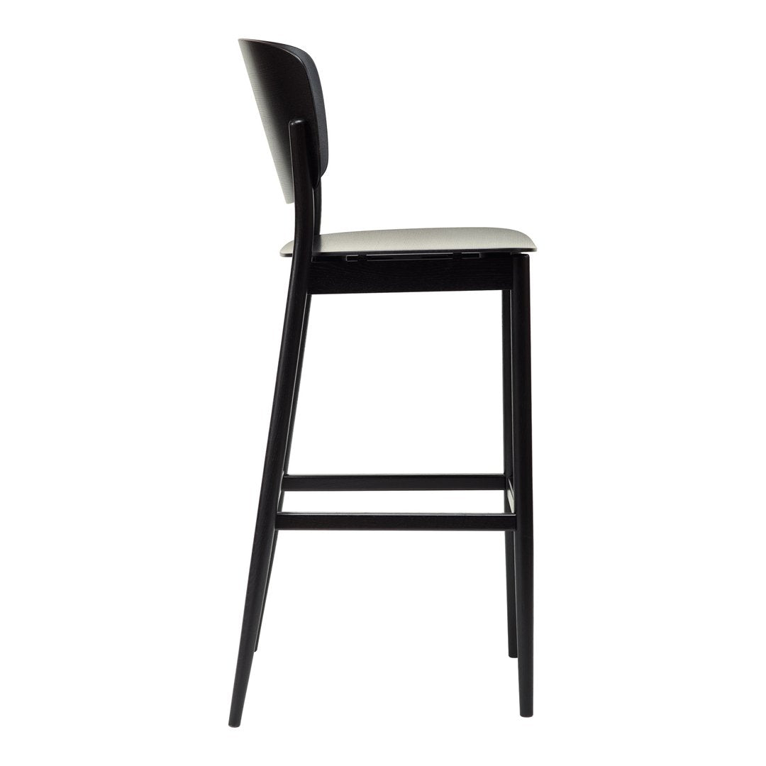 Black bar stool with a sleek matte finish and a simple, modern design featuring a white cushion seat.
