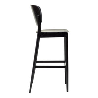 Black bar stool with a sleek matte finish and a simple, modern design featuring a white cushion seat.