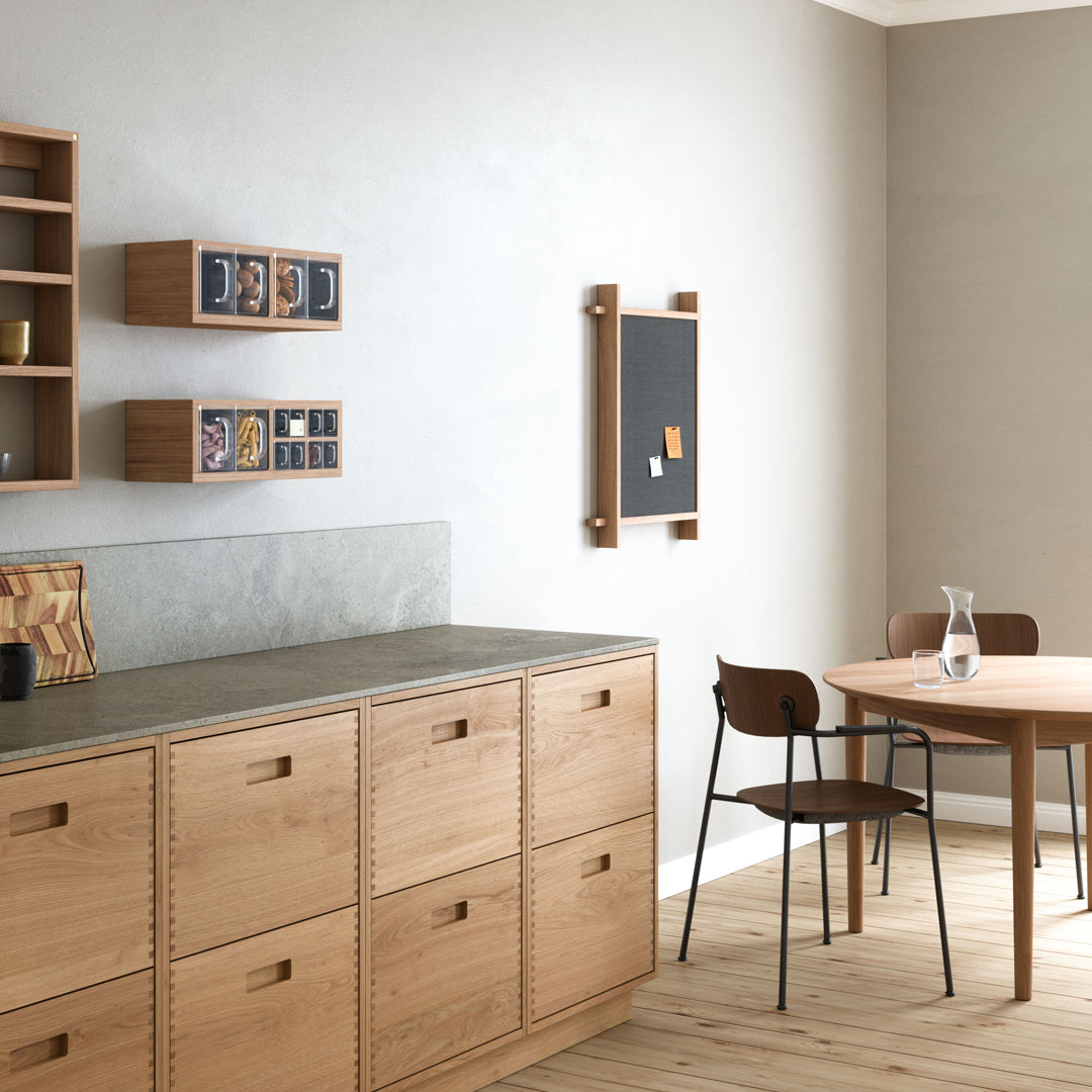 Modern wood furniture in natural tones with gray accents, featuring a minimalist design and earthy textures.