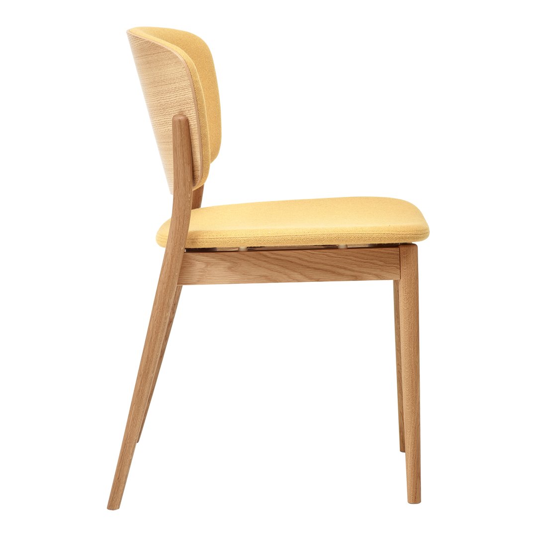 Side view of a wooden chair with a light yellow cushion and a natural wood finish, showcasing a minimalistic design.