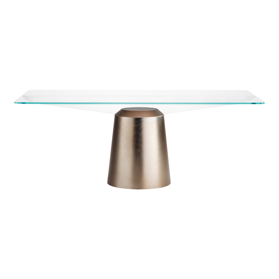 Modern glass coffee table with a sleek metallic bronze base and a clear glass top, perfect for contemporary decor.