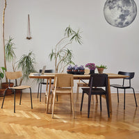 Stylish mix of natural wood tones and black chairs; elegant greenery adds vibrant touches to a minimalist dining space.