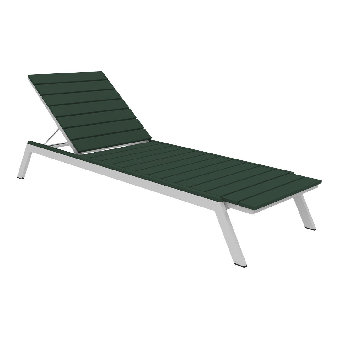 Green slatted lounge chair with a sleek silver frame, perfect for outdoor relaxation.