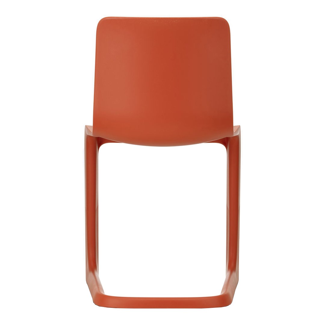 Modern orange dining chair with a sleek, minimalist design and smooth, solid finish. Perfect for contemporary spaces.
