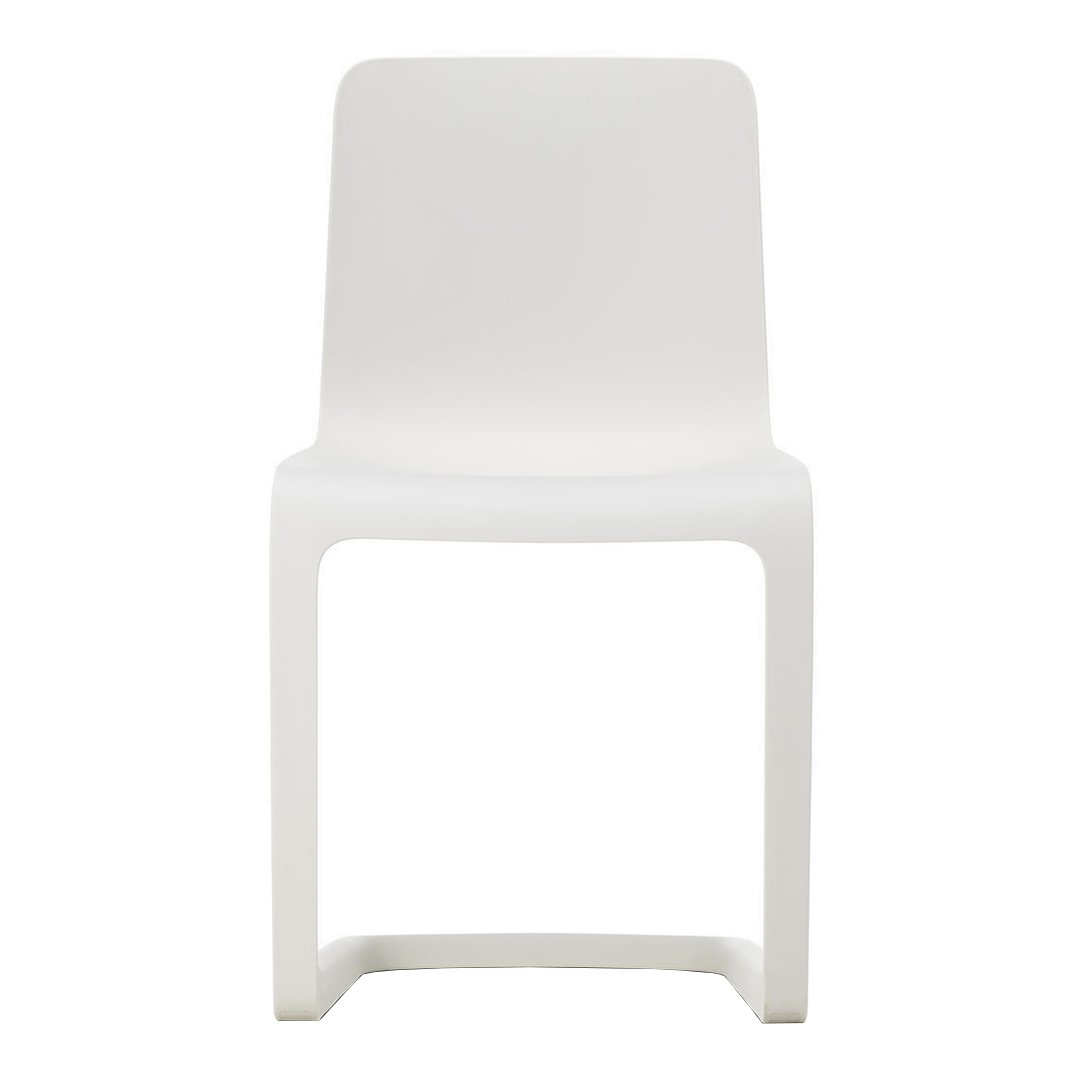 White minimalist chair with a sleek, smooth design, perfect for modern spaces. No visible patterns or textures.