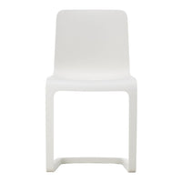 White minimalist chair with a sleek, smooth design, perfect for modern spaces. No visible patterns or textures.