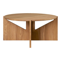 Round wooden coffee table in natural oak finish with minimalistic triangular cutout design.