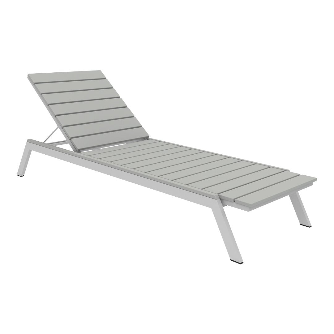 Gray slatted lounge chair with a modern design, featuring sleek lines and a minimalist aesthetic.