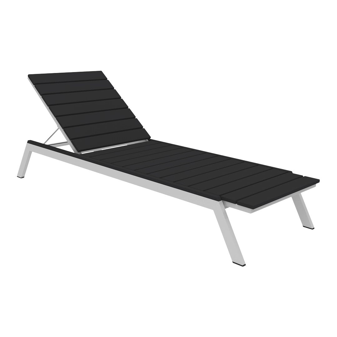 Black slatted chaise lounge with a sleek silver frame, perfect for modern outdoor spaces.