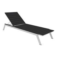 Black slatted chaise lounge with a sleek silver frame, perfect for modern outdoor spaces.