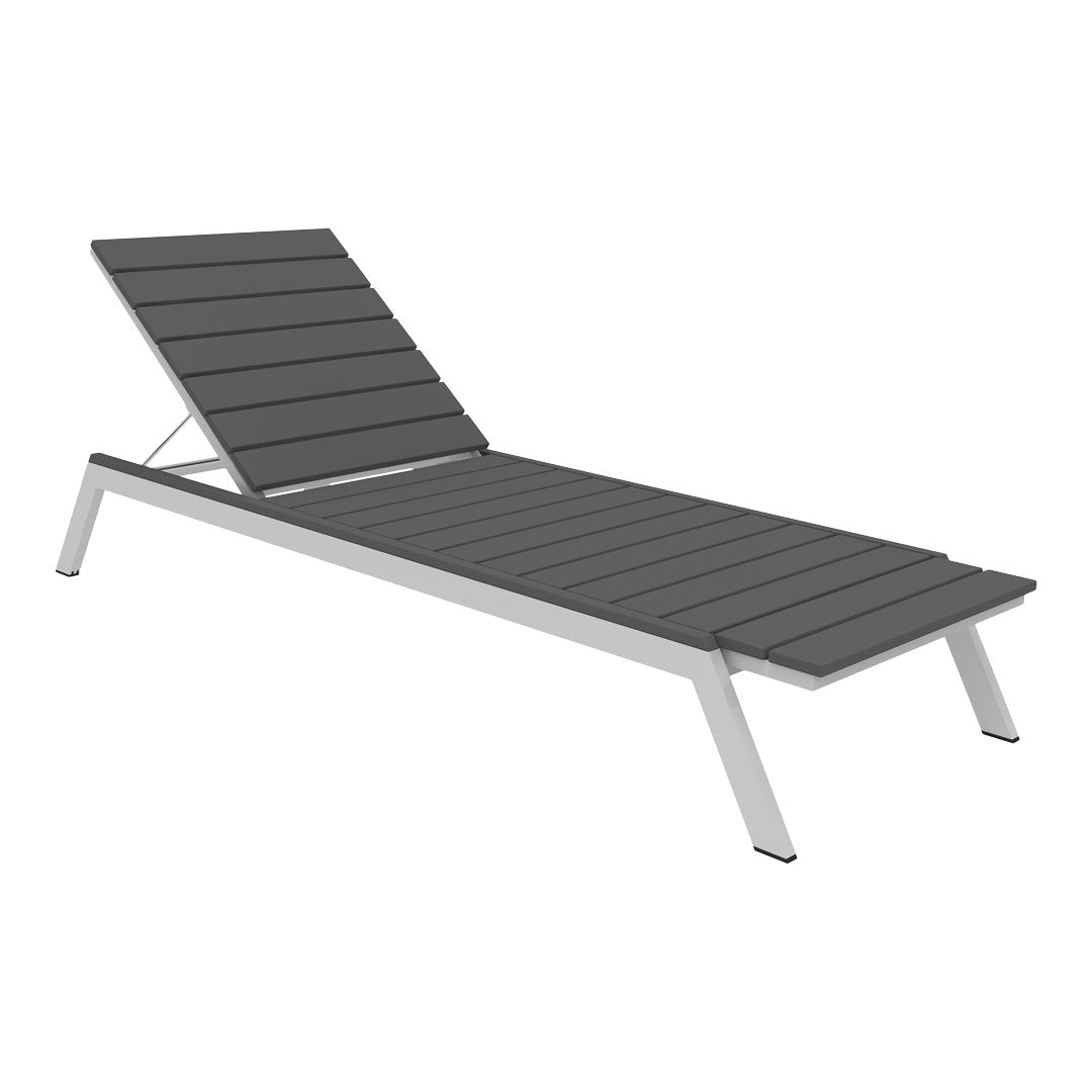 Gray slatted outdoor lounge chair with a modern aluminum frame, featuring sleek lines and a minimalist design.