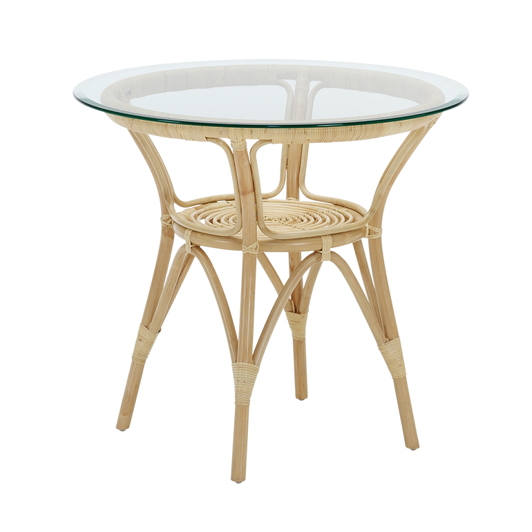 Round rattan table with natural bamboo finish and clear glass top, featuring a woven pattern on the base.