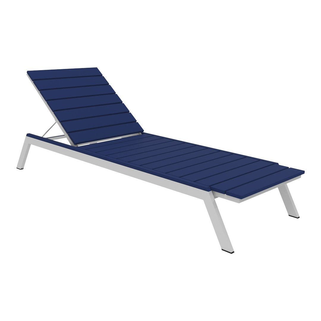 Navy blue slatted lounge chair with a sleek silver frame, perfect for outdoor relaxation.