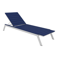 Navy blue slatted lounge chair with a sleek silver frame, perfect for outdoor relaxation.