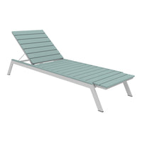 Light turquoise slatted outdoor lounge chair with a sleek white metal frame, perfect for modern patios.