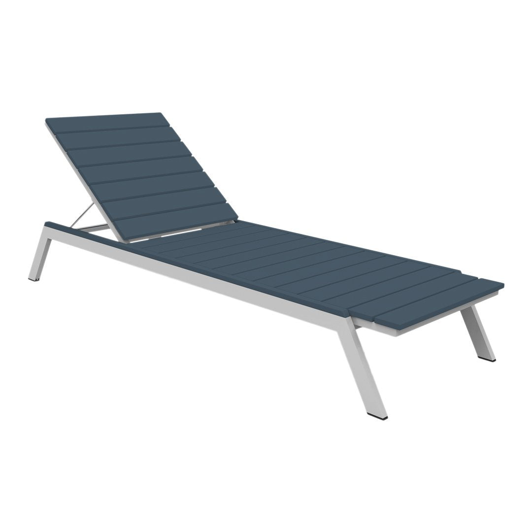 Dark blue slatted cushion with a sleek silver frame, perfect for outdoor lounging. Clean, modern design.