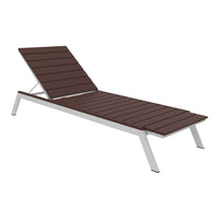 Brown slatted lounge chair with a sleek silver frame, designed for modern outdoor spaces. Perfect for relaxation.