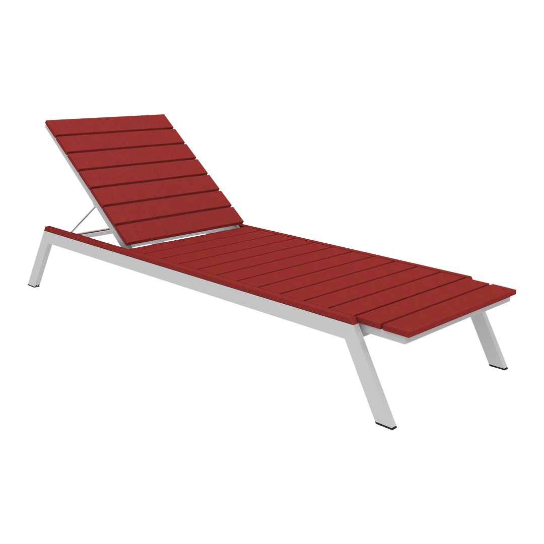 Red slatted lounge chair with a sleek silver frame, perfect for outdoor relaxation and summer aesthetics.