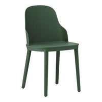 Green plastic chair with a smooth finish and minimalist design, featuring a solid color and modern silhouette.