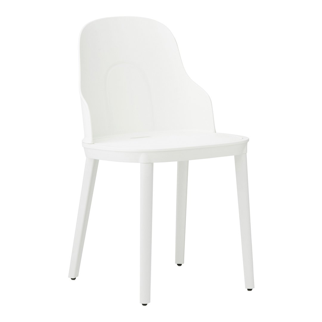 White modern chair with a smooth, minimalist design and subtle curved backrest. Perfect for contemporary decor.