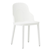 White modern chair with a smooth, minimalist design and subtle curved backrest. Perfect for contemporary decor.