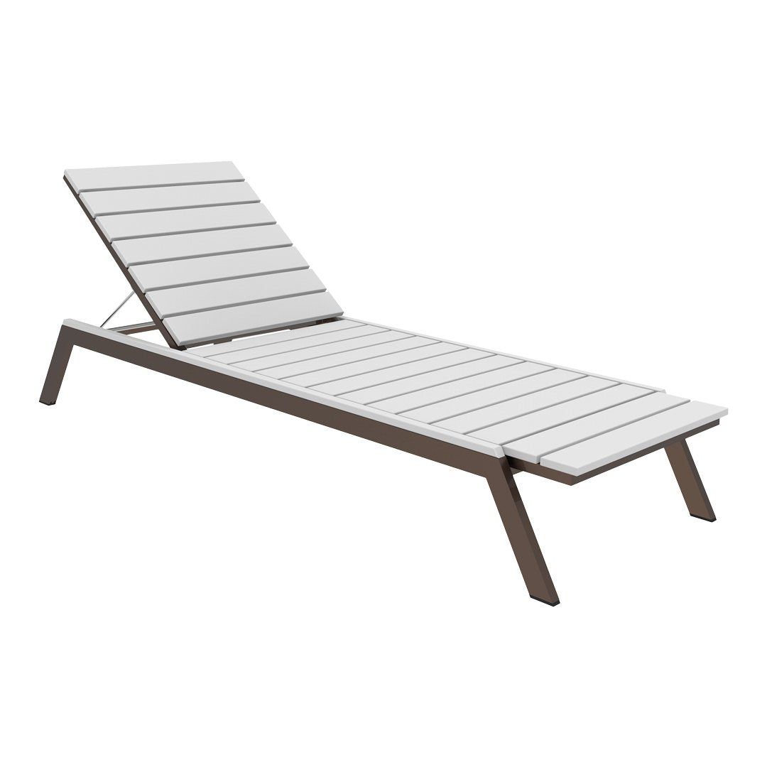 White slatted lounge chair with a sleek brown frame, perfect for outdoor relaxation. Stylish and modern design.