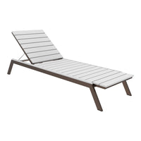 White slatted lounge chair with a sleek brown frame, perfect for outdoor relaxation. Stylish and modern design.