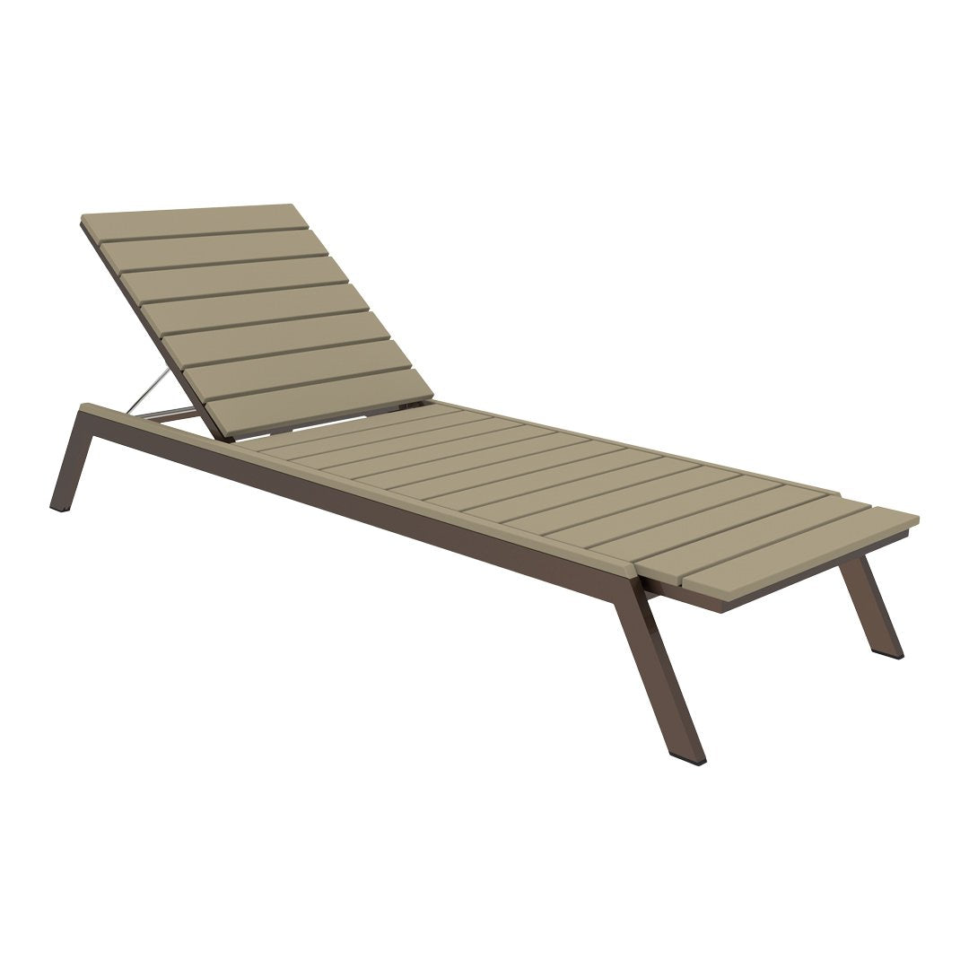 Beige slatted lounge chair with a sleek brown frame, perfect for outdoor relaxation. Modern, minimalist design.
