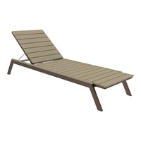 Beige slatted lounge chair with a sleek brown frame, perfect for outdoor relaxation. Modern, minimalist design.