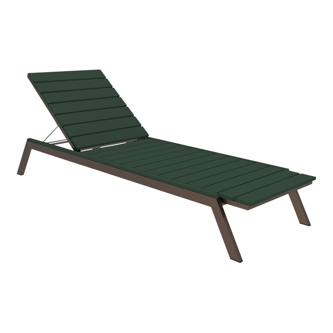 Green slatted lounge chair with a sleek brown metal frame, perfect for outdoor relaxation.
