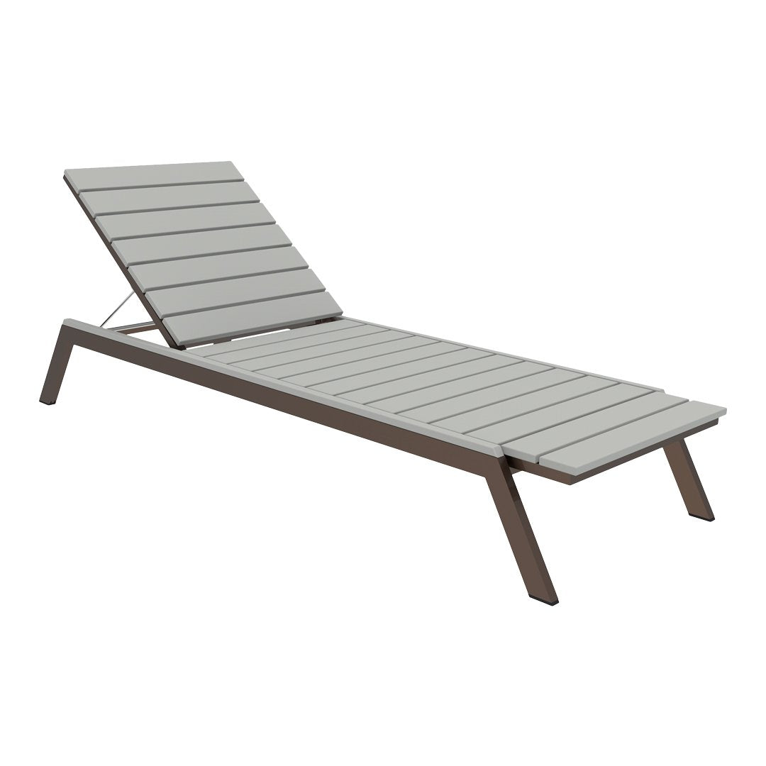 Gray slatted lounge chair with a modern brown frame, perfect for outdoor relaxation.
