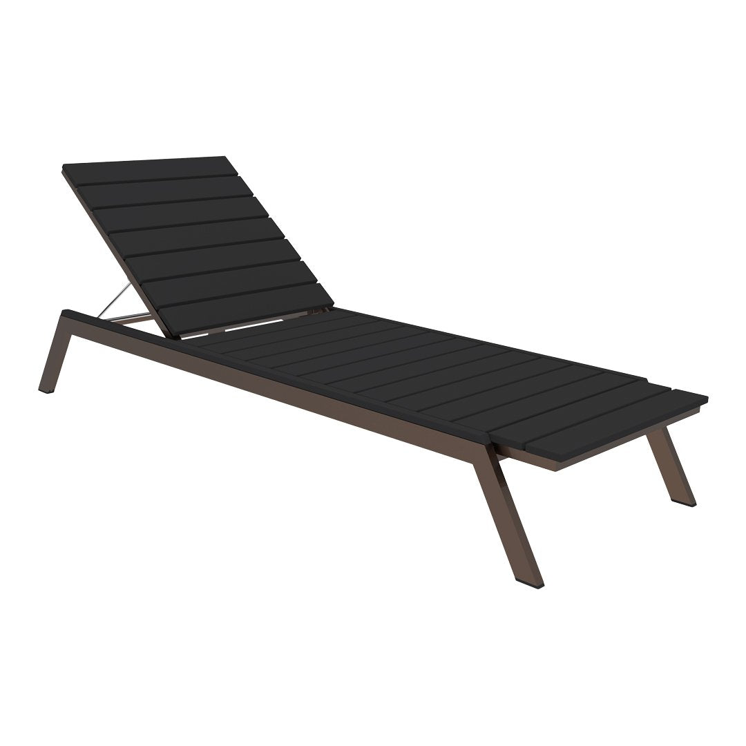 Black slatted lounge chair with a sleek, modern design and a dark brown frame, perfect for outdoor settings.