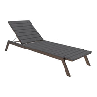 Gray slatted outdoor lounge chair with a sleek, modern design and a dark brown frame. Perfect for stylish relaxation.