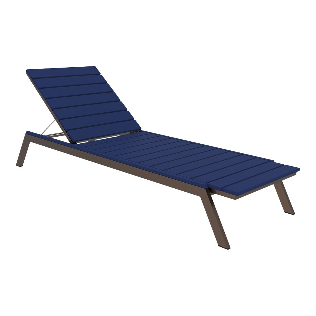 Navy blue slatted lounge chair with a sleek brown frame, perfect for outdoor relaxation.
