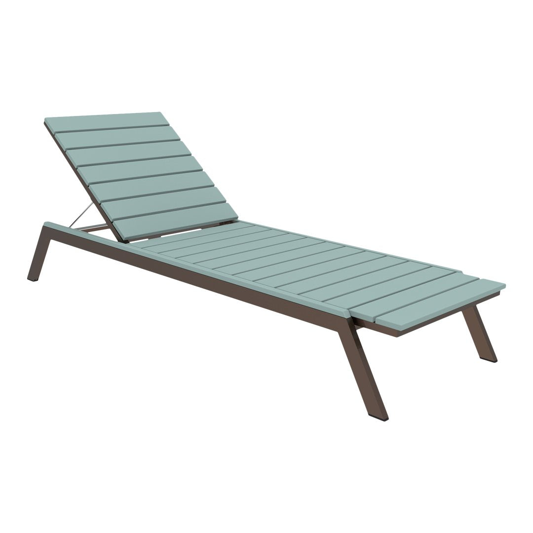 Light blue slatted outdoor lounge chair with dark brown frame, perfect for poolside relaxation.