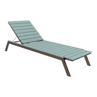 Light blue slatted outdoor lounge chair with dark brown frame, perfect for poolside relaxation.
