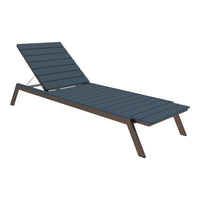 Dark blue slatted lounge chair with a sleek brown frame, perfect for outdoor relaxation.