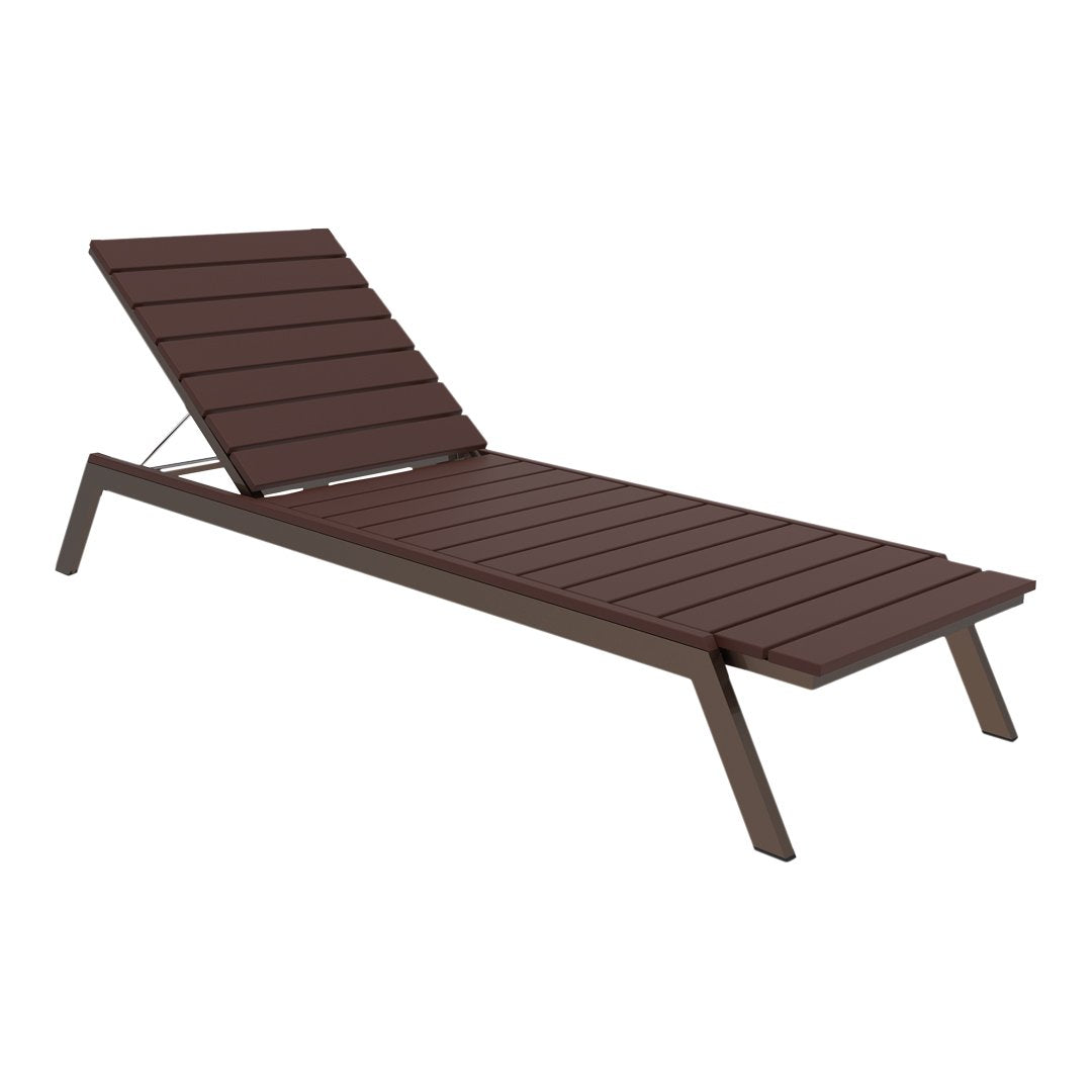 Brown slatted outdoor lounge chair with a sleek modern design and adjustable reclining feature. Perfect for sunny days.
