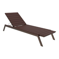 Brown slatted outdoor lounge chair with a sleek modern design and adjustable reclining feature. Perfect for sunny days.