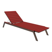 Red slatted lounge chair with a sleek brown frame, perfect for outdoor relaxation and style.