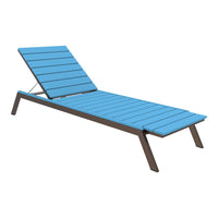 Blue slatted outdoor chaise lounge with a sleek brown frame, perfect for stylish poolside relaxation.